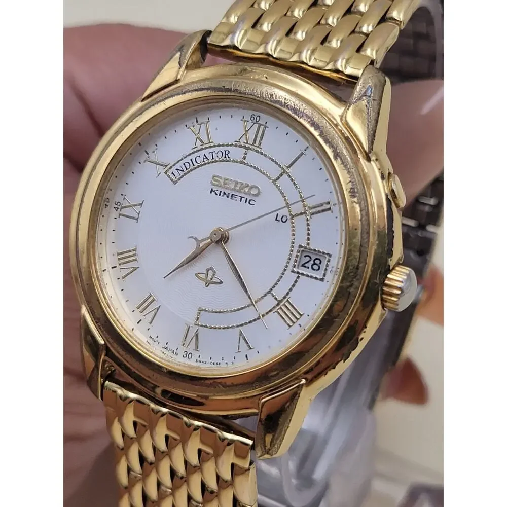 Rare Seiko Kinetic Wristwatch Gold Metal Movement 5M42-0A19 38MM Date